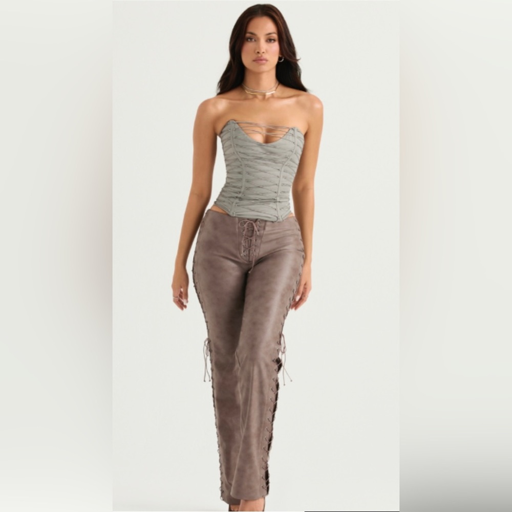 House of CB MOCHA VEGAN LEATHER LACE UP TROUSERS